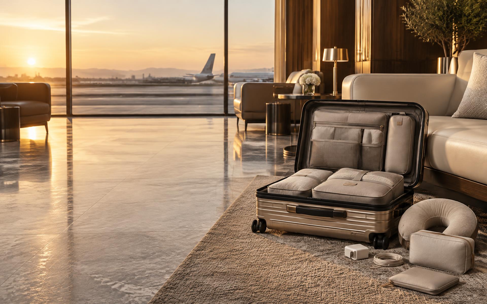 Refined travel accessories arranged beside a carry-on suitcase in an airport lounge