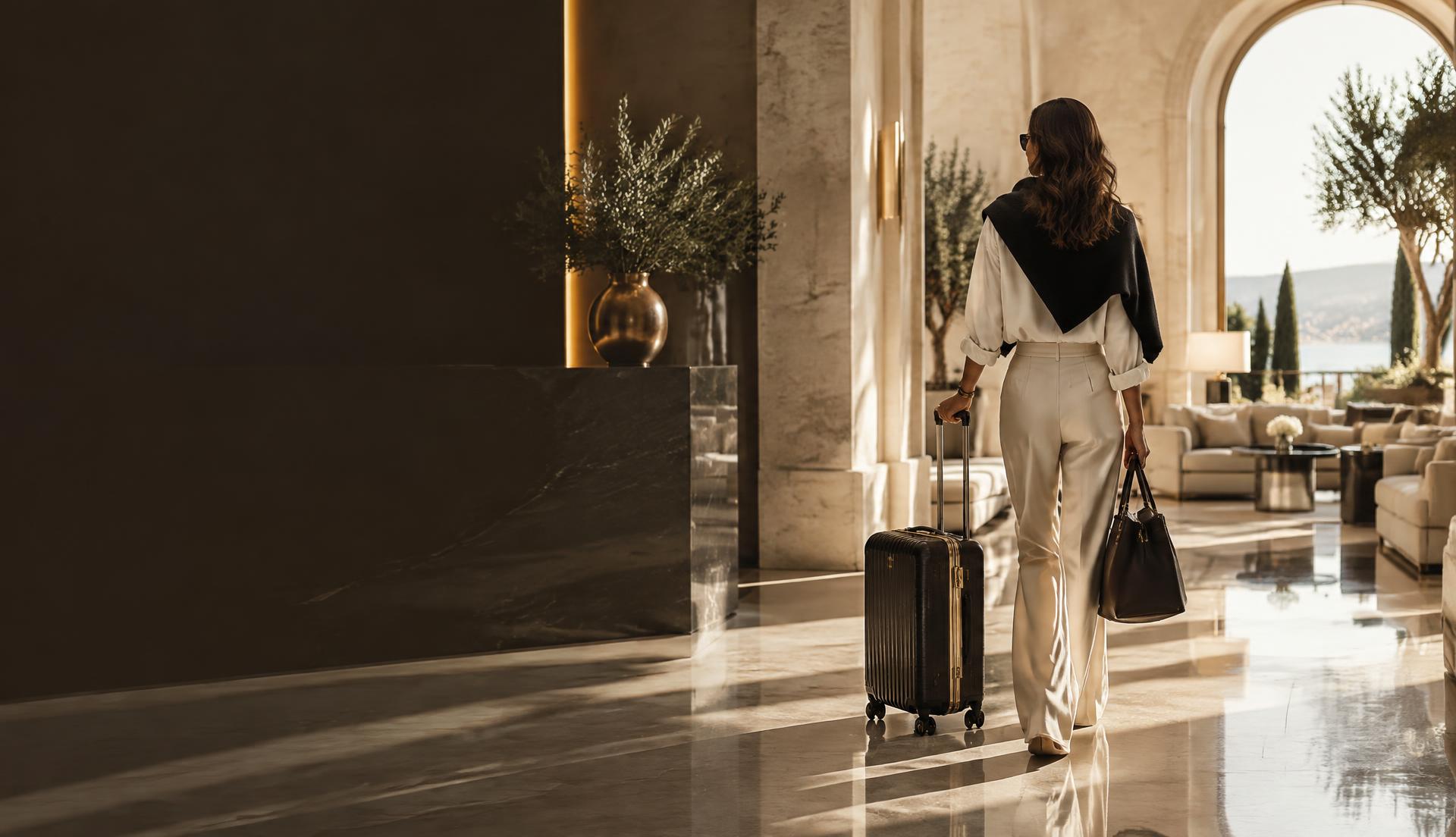 Refined traveler arriving at a sunlit hotel with carry-on luggage